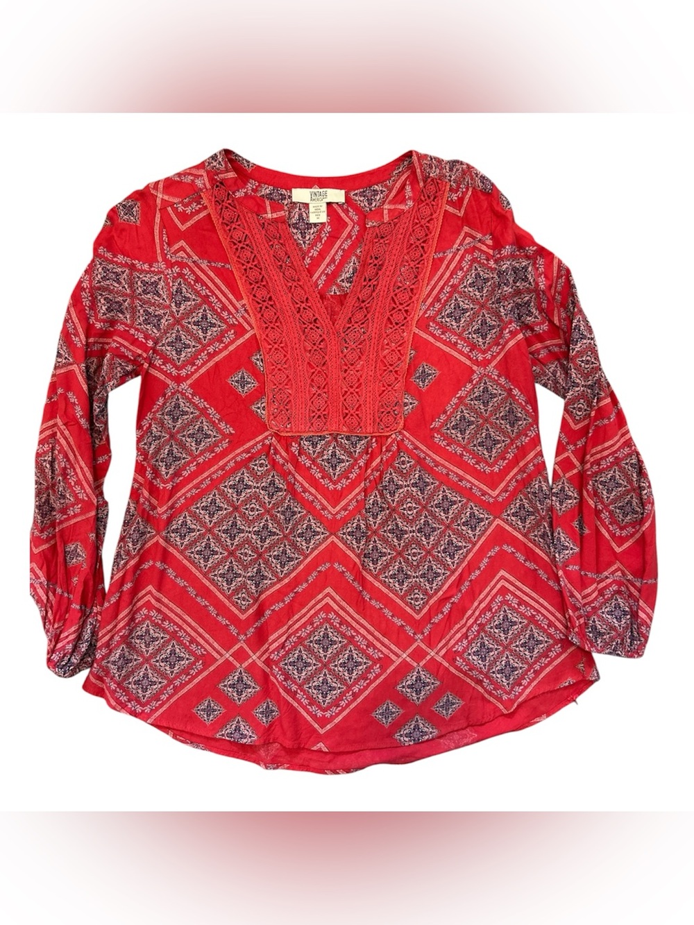 Vintage America Blues Women’s Medium Boho Peasant Top Red Crochet Trim LS